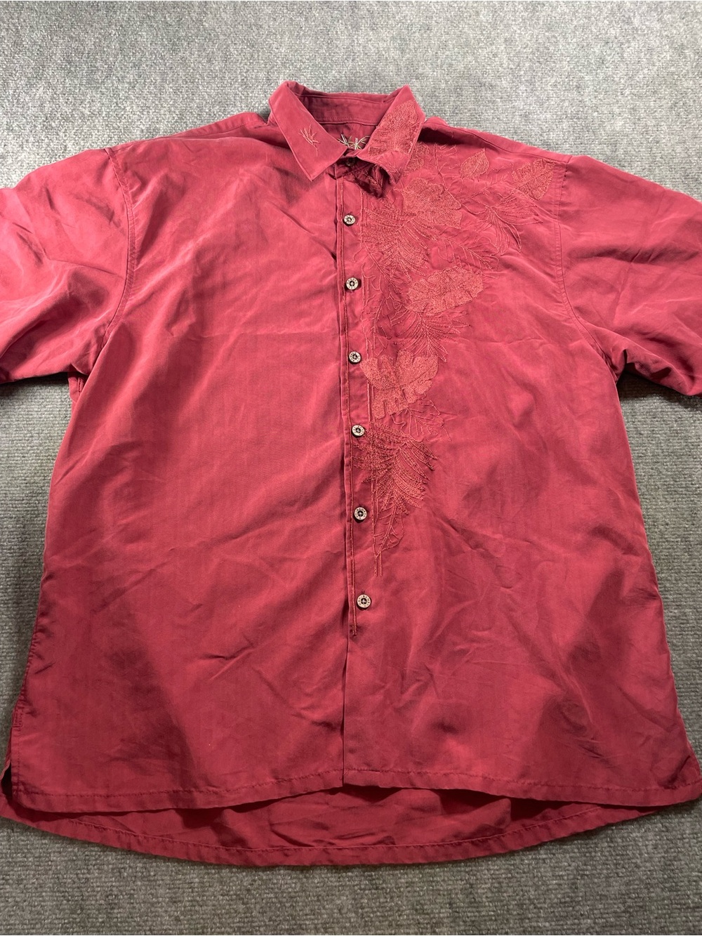 Men's Casual Button-Down Shirt in Deep Red with Subtle Embroidery